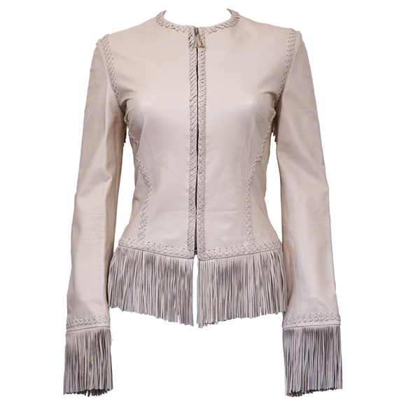 Versace Tan Fringe Leather Jacket - Picture 1 of 7